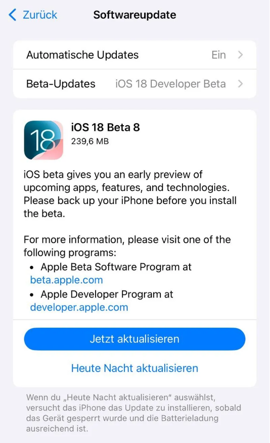 济南苹果手机维修分享苹果 iOS / iPadOS 18 开发者预览版 Beta 8 发布 